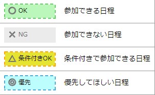 ○ OK：参加できる日程
✕ NG：参加できない日程
△ 条件付きOK：条件付きで参加できる日程
◎ 優先：優先してほしい日程