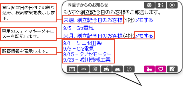 創立記念日の日付での絞り込み、検索結果を表示します。
専用のスティッキーメモにメモを転記します。顧客情報を表示します。