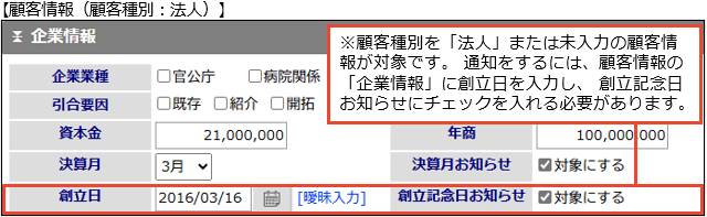 ※顧客種別を「法人」または未入力の顧客情報が対象です。 通知をするには、顧客情報の「企業情報」に創立日を入力し、 創立記念日お知らせにチェックを入れる必要があります。
